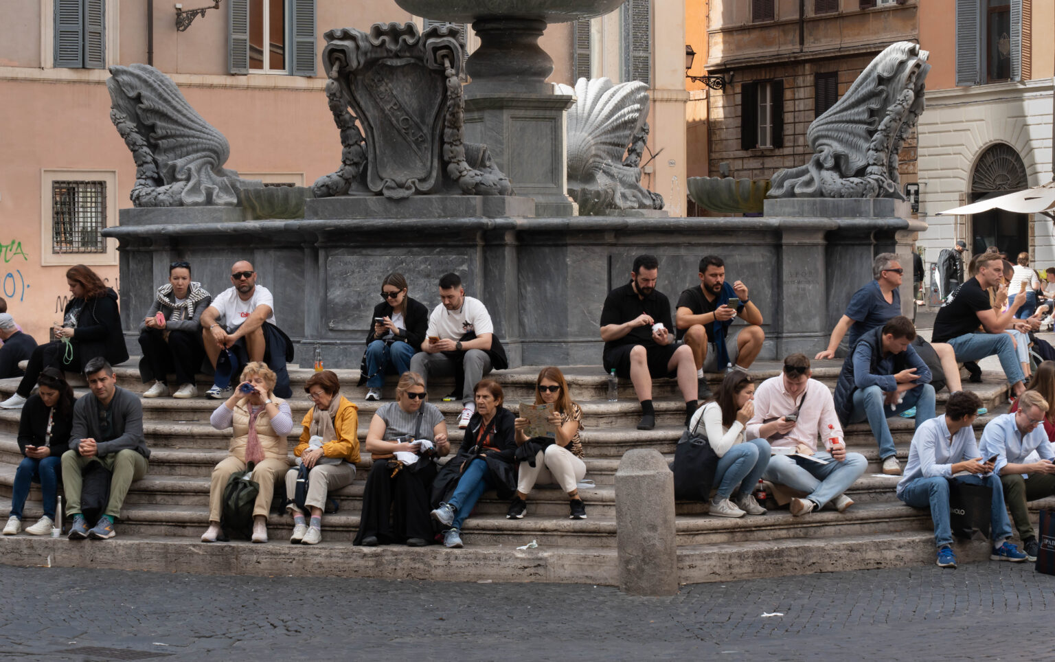 Tourists in Trastevere outside Basilica of Santa Maria